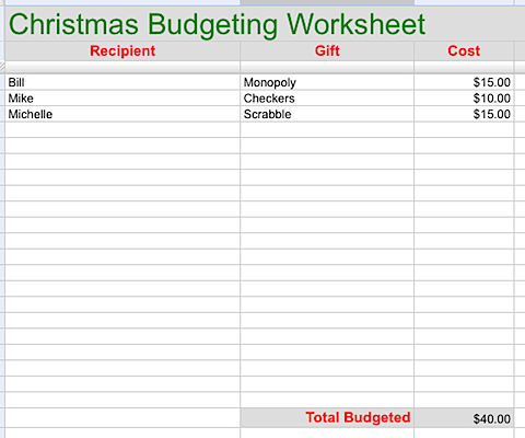 Christmas printable budgeting worksheet